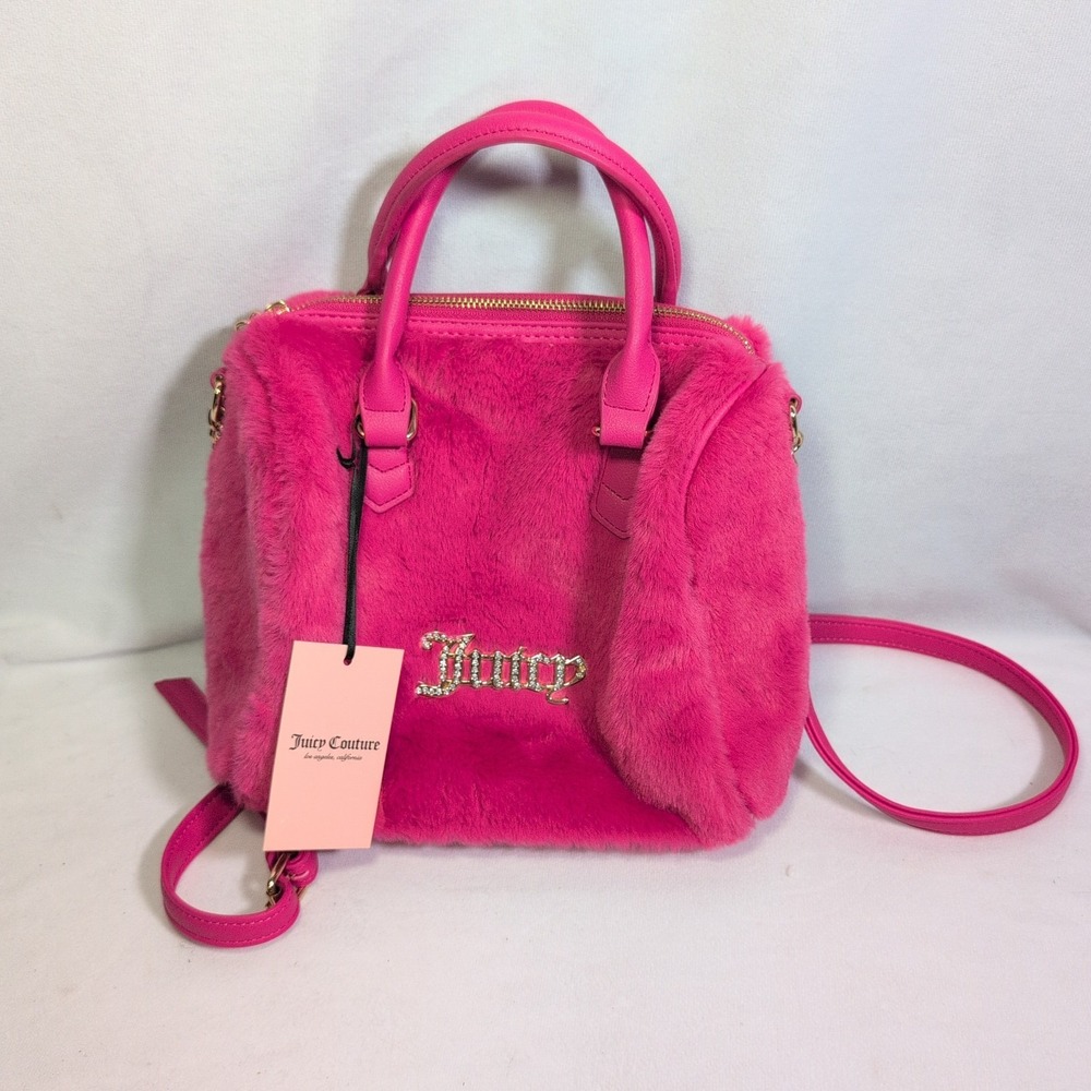 Juicy Couture Free Love Fluffy Satchel Crossbody Bag Medium Hot Pink
